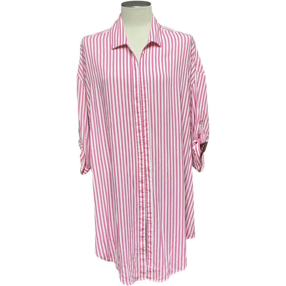 Torrid Oversized Kimono Shirt Roll Tab Sleeves Pink White Stripe 1X 14/16